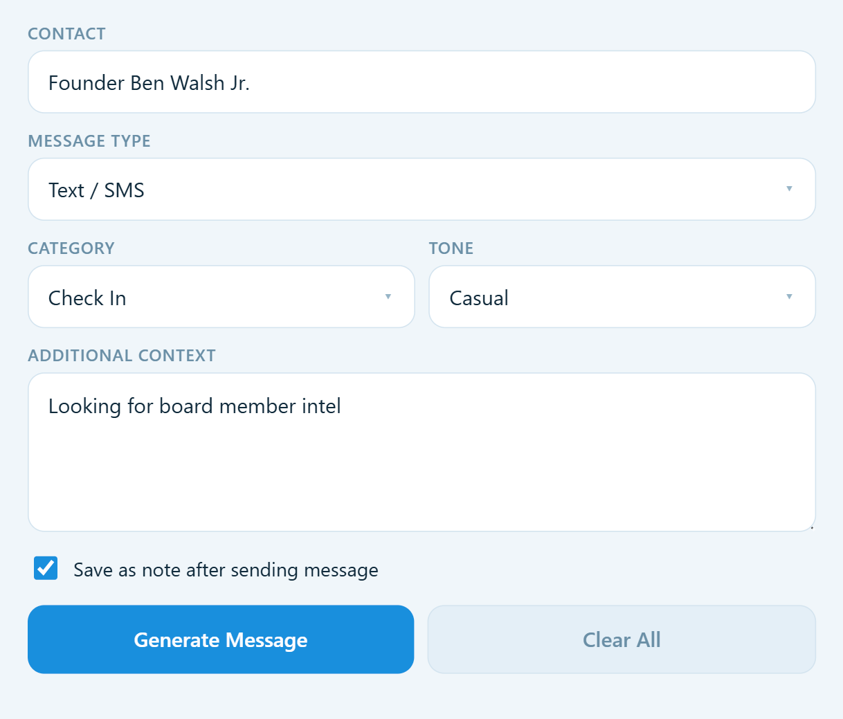 ContactsPlus Composer drafting an AI-generated message to a contact