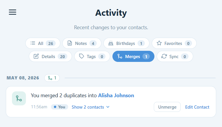 ContactsPlus duplicate-management screen merging duplicate contacts