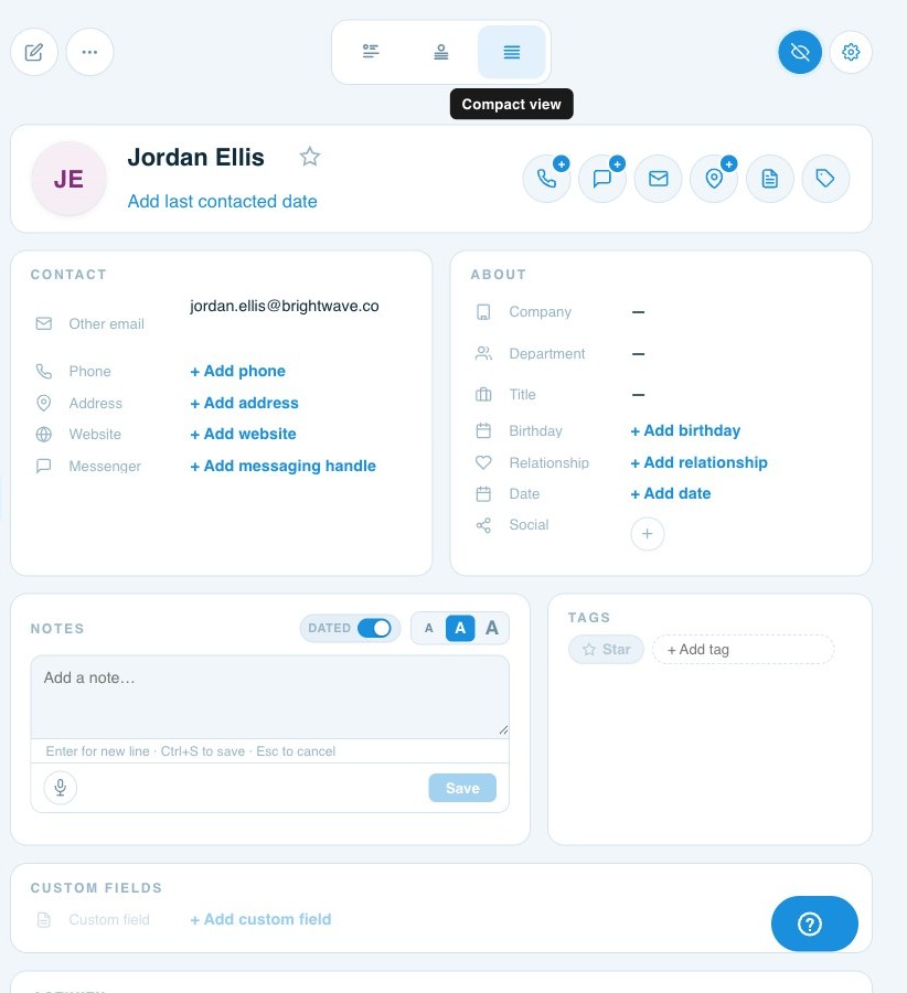 Compact view of a ContactsPlus contact