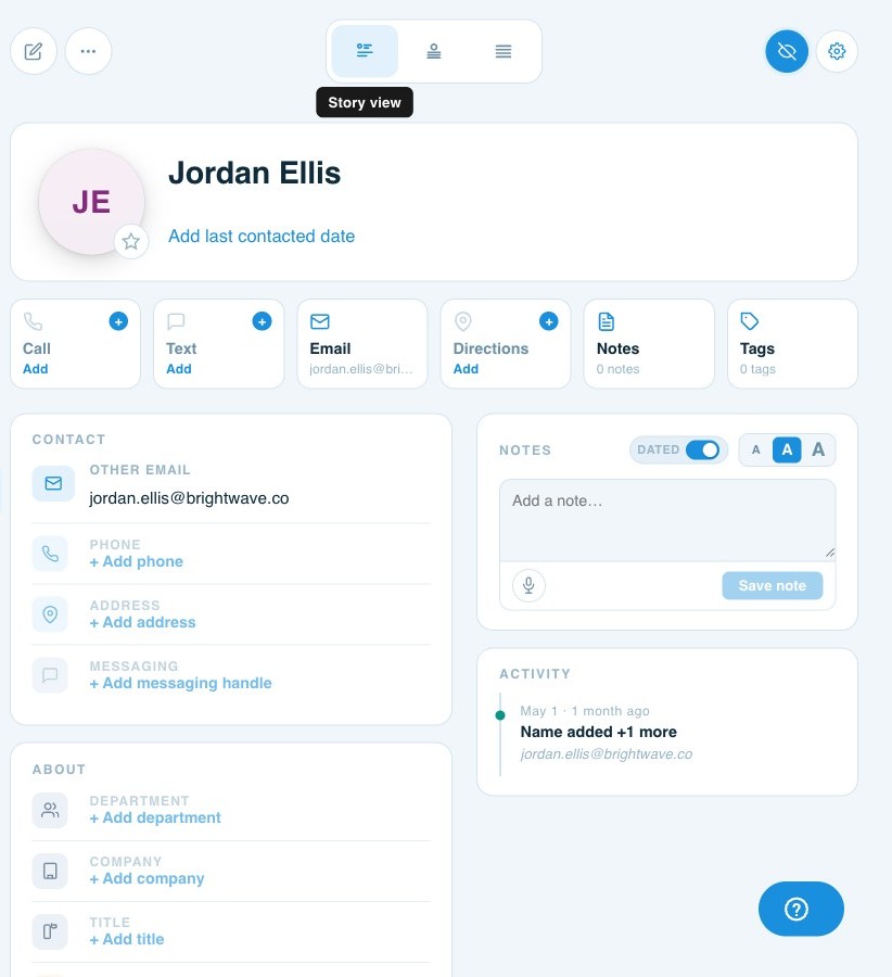 Story view of a ContactsPlus contact