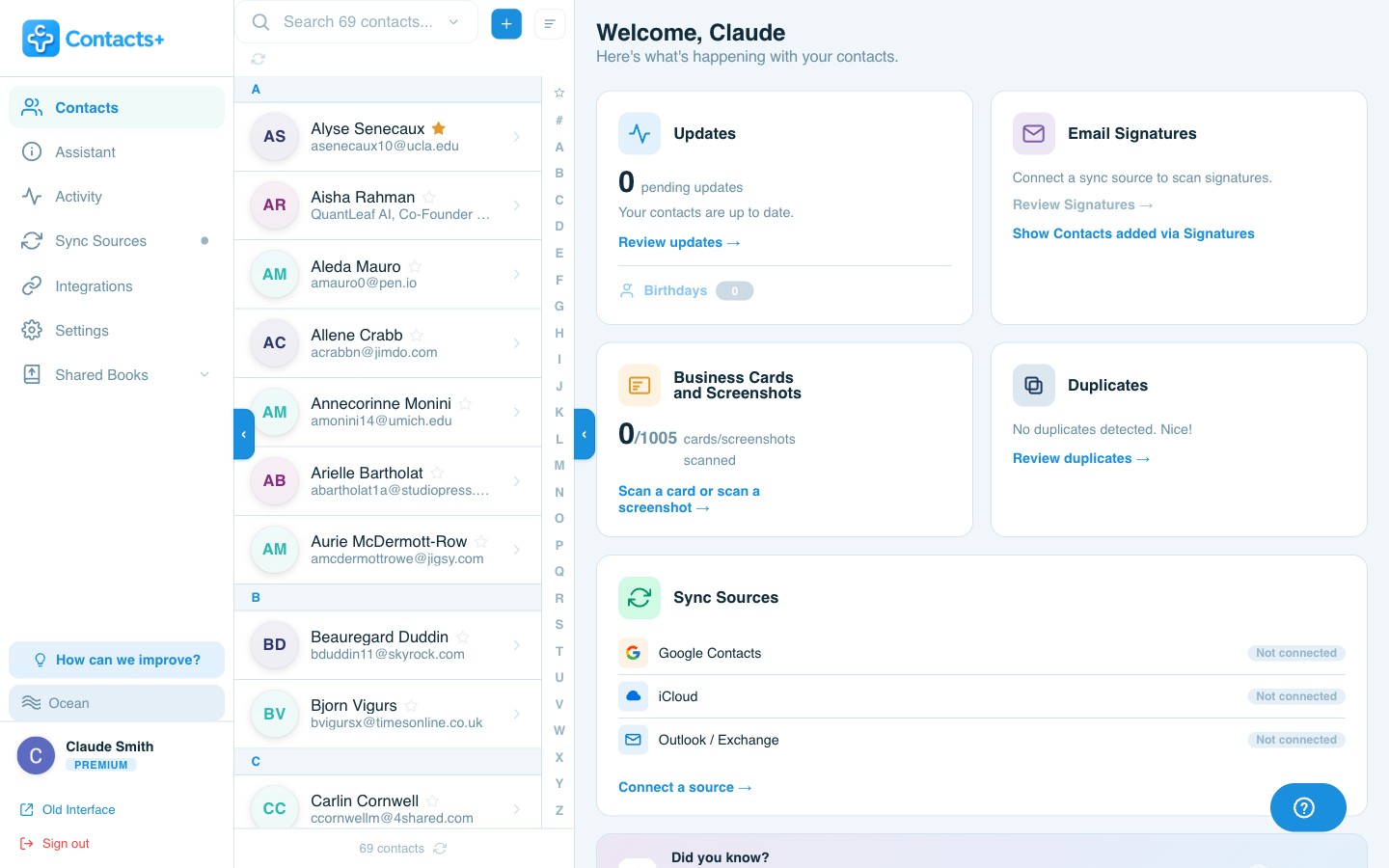 ContactsPlus web app dashboard on desktop
