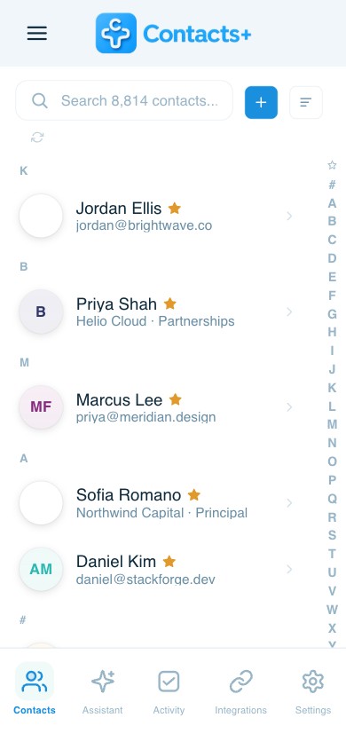 ContactsPlus Contacts page on mobile