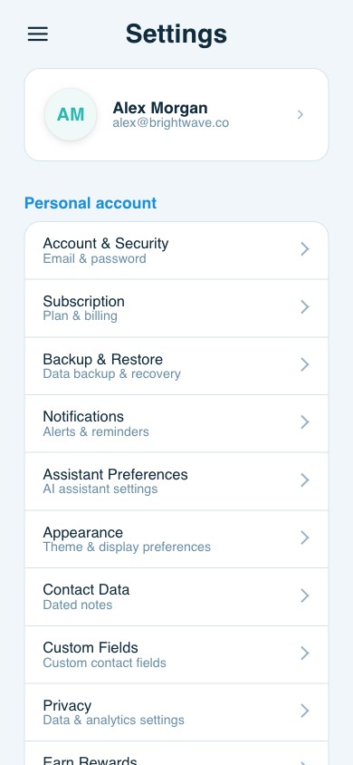 ContactsPlus Account Settings on mobile
