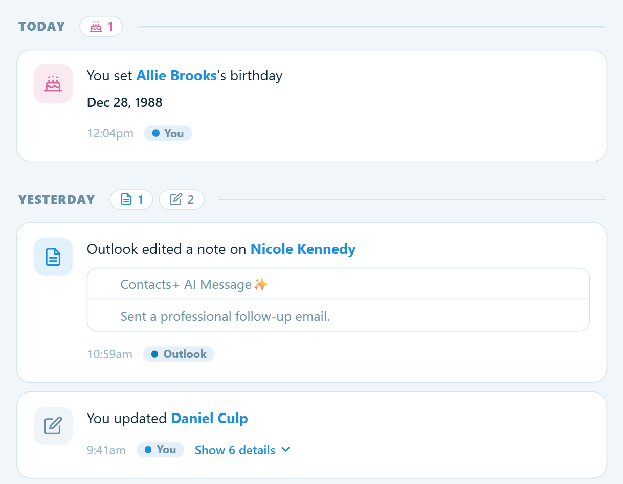 ContactsPlus Activity feed showing recent changes to your contacts